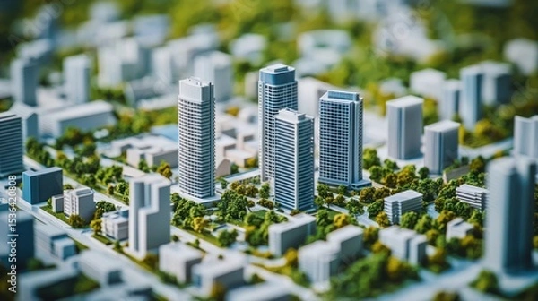 Fototapeta A miniature model of a city with tall buildings and greenery, viewed from a distance with a focus on the foreground buildings.