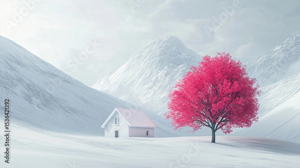 Obraz A minimalistic house embraces nature beside a vibrant pink tree in a serene snowy mountain landscape