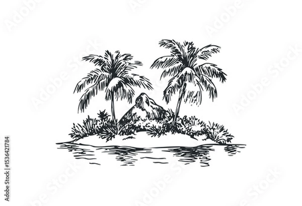 Fototapeta Sketched tropical island with palm trees and rock formation. Vector retro hand drawn illustration