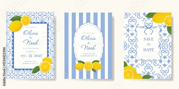 Fototapeta Indigo Italy summer invitation card vector. Italian poster with lemon, Blue Mediterranean tiles pattern, summer element. Design for wedding card, greeting card, bridal shower, cover.