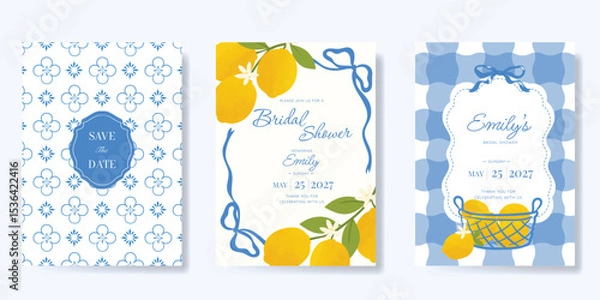 Fototapeta Indigo Italy summer invitation card vector. Italian poster with lemon, Blue Mediterranean tiles pattern, summer element. Design for wedding card, greeting card, bridal shower, cover.