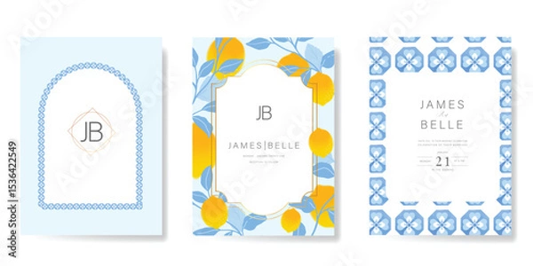 Fototapeta Indigo Italy summer invitation card vector. Italian poster with lemon, Blue Mediterranean tiles pattern, summer element. Design for wedding card, greeting card, bridal shower, cover.