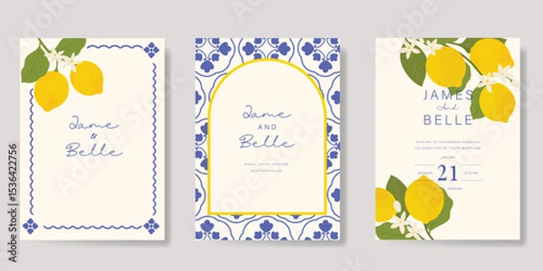 Fototapeta Indigo Italy summer invitation card vector. Italian poster with lemon, Blue Mediterranean tiles pattern, summer element. Design for wedding card, greeting card, bridal shower, cover.