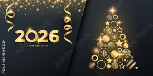 Obraz 2026 Happy New Year festive banner with golden Christmas tree. Sparkles and ribbons. Black and gold colors. Vector illustration.