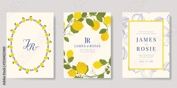 Fototapeta Indigo Italy summer invitation card vector. Italian poster with lemon, Blue Mediterranean tiles pattern, summer element. Design for wedding card, greeting card, bridal shower, cover.