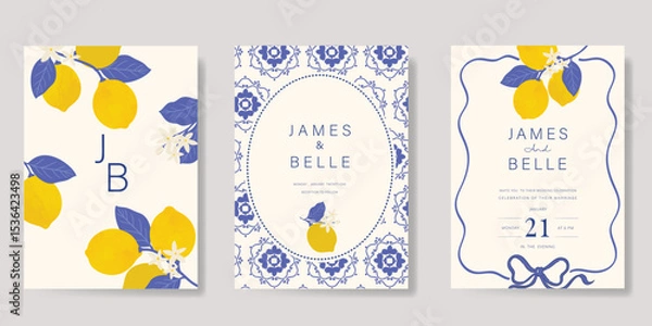 Fototapeta Indigo Italy summer invitation card vector. Italian poster with lemon, Blue Mediterranean tiles pattern, summer element. Design for wedding card, greeting card, bridal shower, cover.