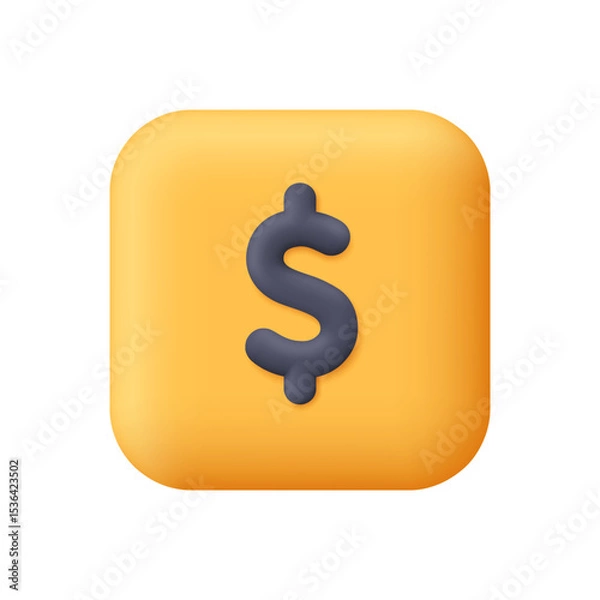 Obraz Black dollar symbol on yellow gold square button. Finance and fintech, investment, money saving, profit concept. 3d vector icon. Cartoon minimal style.