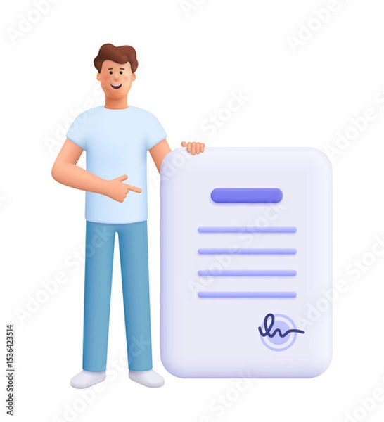 Obraz Smiling man James standing next to a large document with text lines and a signature, pointing at the paper. Business approval, agreement concept. 3d vector people character. Cartoon minimal style.