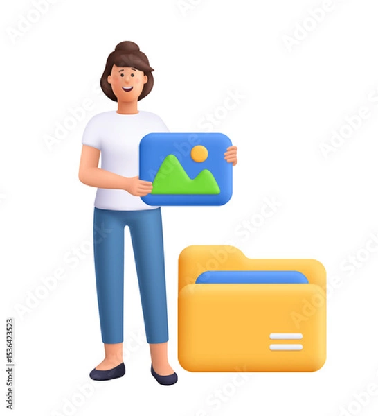 Obraz Smiling woman Jane holding a picture image icon in front of a large yellow folder. File storage, digital media management, content archiving concept. 3d vector people character. Cartoon minimal style.