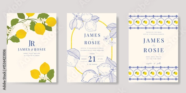 Fototapeta Indigo Italy summer invitation card vector. Italian poster with lemon, Blue Mediterranean tiles pattern, summer element. Design for wedding card, greeting card, bridal shower, cover.