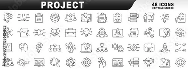 Fototapeta Big set of project management related line icons. Editable stroke