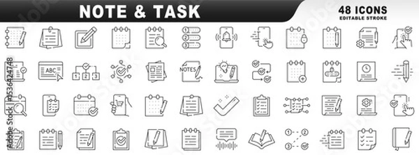 Fototapeta Big set note and task related line icons. Editable stroke