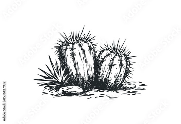 Fototapeta Detailed cactus sketch illustration with desert elements. Vector retro hand drawn illustration