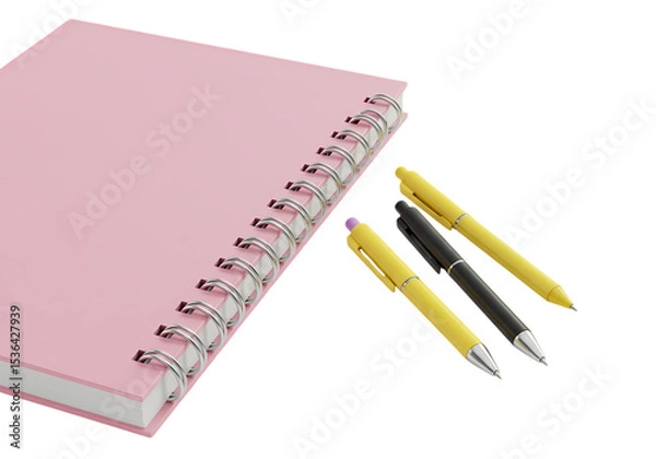 Fototapeta Pink Notebook and Pens isolated on transparent baackground