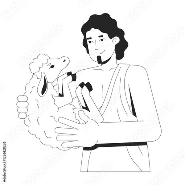 Obraz Biblical shepherd tenderly cradling lamb in arms 2D line bible character. Old testament. Compassionate man in toga holding sheep isolated vector ink outline person. Monochromatic spot illustration