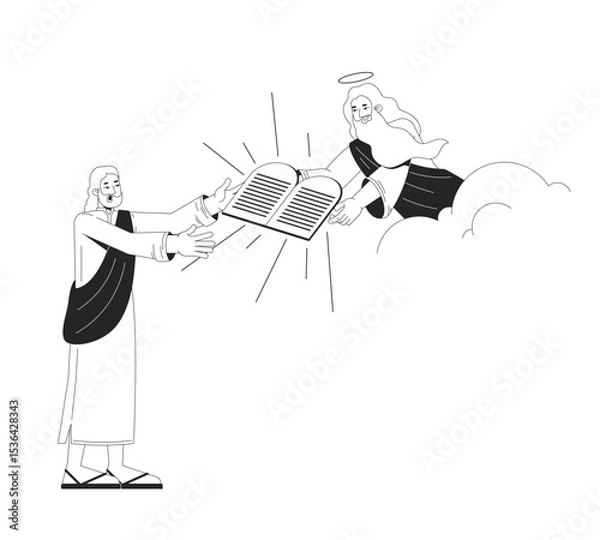 Obraz Moses receiving ten commandments from God 2D line bible characters. Divine figure in clouds handing stone tablets to robed man isolated vector ink outline people. Monochromatic spot illustration