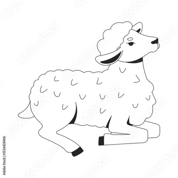 Obraz Lamb lying down in peaceful pose 2D line character. Innocence. Pastoral gentle creature. Cute little sheep with soft white wool isolated vector ink outline animal. Monochromatic spot illustration