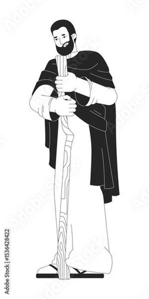 Obraz Joseph holding wooden staff 2D line bible character. Biblical kind guardian. Spiritual leader shepherd humble man standing isolated vector ink outline person. Monochromatic spot illustration