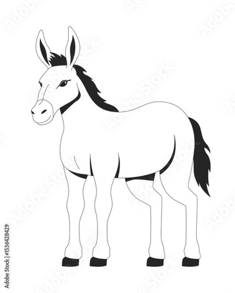 Obraz Standing donkey with black mane 2D line character. Domesticated desert animal. Beast of burden. Rural mule. Cute livestock isolated vector ink outline animal. Monochromatic spot illustration