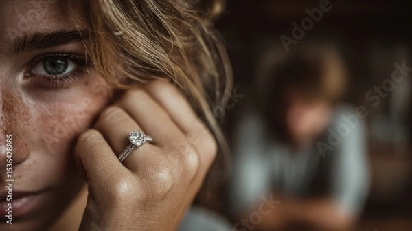 Fototapeta Close-Up Portrait of a Young Woman with Freckles and an Engagement Ring, Soft Lighting, Blurred Background, Emotional Expression Captured in Natural Setting
