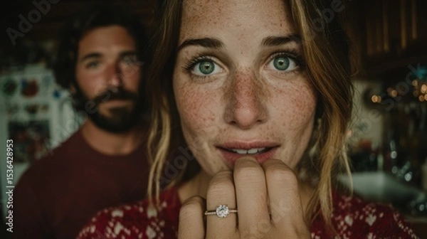 Fototapeta Close-up Portrait of a Woman with Freckles and Engagement Ring with a Man Blurred in Background in Cozy Indoor Setting Capturing Natural Emotion and Love