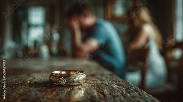 Fototapeta Close-Up of a Gold Wedding Ring on a Rustic Wooden Table in a Distressed Setting with a Blurred Couple in the Background Experiencing Emotional Conflict
