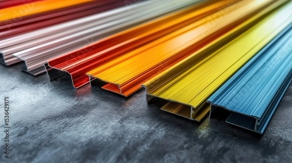 Fototapeta Colorful aluminum profiles lie on a dark surface, arranged in a row. Ideal for showcasing construction materials or color palettes with style.