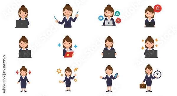 Fototapeta Cartoon Style Businesswoman Character with Different Activity and Emotion Illustration