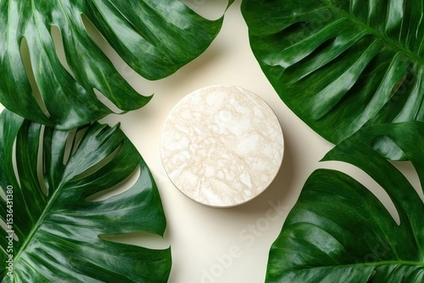 Obraz Marble podium surrounded by vibrant green monstera leaves, overhead. Display products or showcase a brand with tropical, natural elegance.