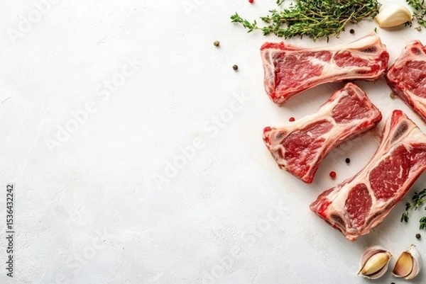 Obraz Raw lamb chops are garnished with herbs and spices on a white surface. Showcase meat quality, food preparation, and healthy eating concepts.