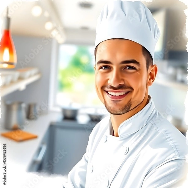 Obraz Happy chef in kitchen watercolor style