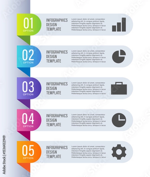 Fototapeta Vertical infographic template for business presentations. Five steps or processes with icons and space for data