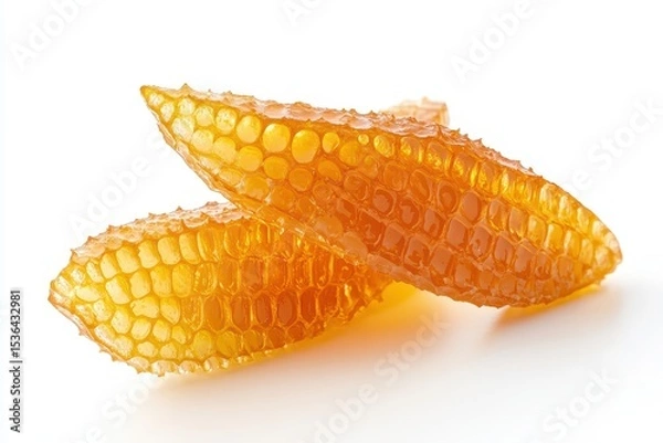 Obraz Golden beeswax honeycombs close-up are displayed on a clean white surface. Perfect for illustrating natural sweetness, healthy food, or beekeeping concepts.