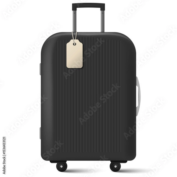 Fototapeta Sleek black travel suitcase with wheels and attached blank tag. Minimalist vector illustration for vacation, airport, or luggage concepts. Ideal for travel apps, packing visuals, tourism materials,