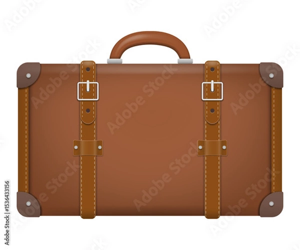 Fototapeta Realistic vector illustration of a vintage brown leather suitcase with belts and stitching. Isolated on white background. Ideal for travel, nostalgia, or retro-themed designs.