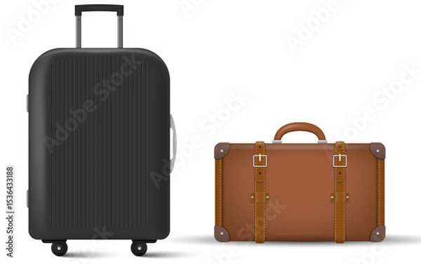 Fototapeta Realistic vector illustration of a modern black suitcase with wheels next to a vintage brown leather suitcase. Isolated on white background. Concept of travel evolution and style contrast.