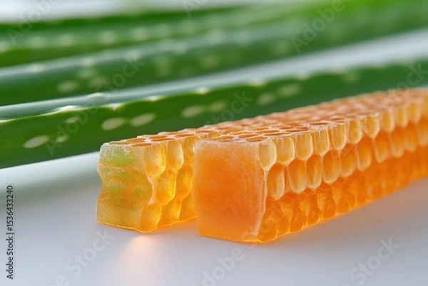 Obraz Macro shot of aloe leaves with orange honeycomb on white. Use for healthy lifestyle, natural cosmetics, or organic food content.