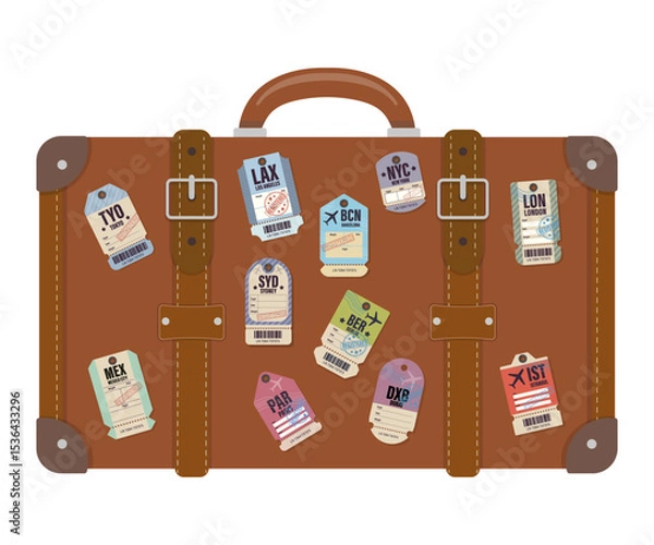 Fototapeta Vintage-style luggage with bright city labels including Tokyo, London, Paris, New York, and more a symbol of global travel and exploration. Perfect for themes of adventure, nostalgia, and tourism.