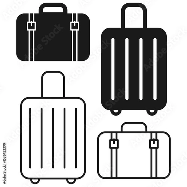 Fototapeta Set of minimalistic black and white icons representing different types of suitcases and travel bags. Travel luggage icon set. Suitcase vector illustration. Black and white travel icons. Minimal bag