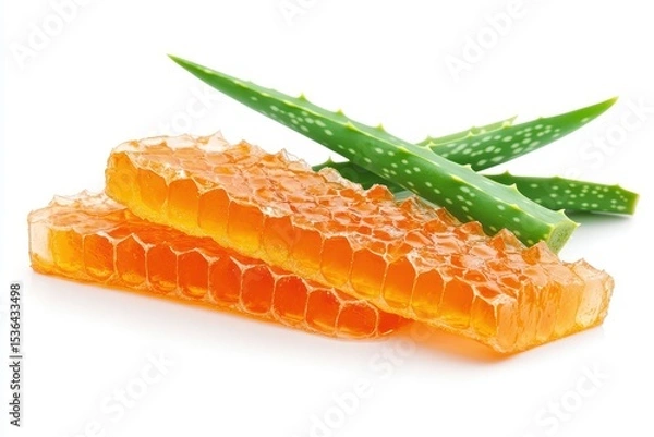 Obraz Two honeycomb pieces with fresh aloe vera leaves are on white. It shows natural ingredients for skincare or healthy food concepts.
