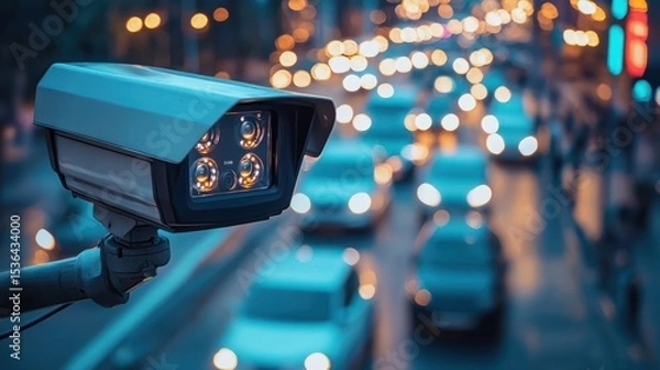 Fototapeta A traffic camera monitoring a busy city street at night, with illuminated lights and blurred cars in the background.