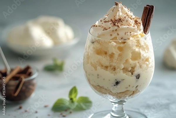 Obraz Delicious tiramisu dessert in glass, with whipped cream and cocoa. Showcase the dish in food blogs, menus, and restaurant advertisements.