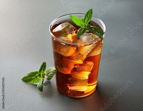 Obraz Close-up of iced tea with ice cubes and green mint leaves on a gray table . Generated image