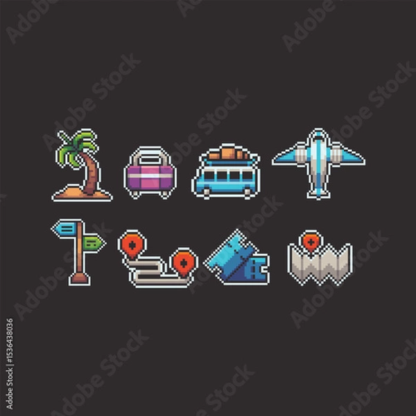 Fototapeta this is travel icon set in pixel art with colorful color and black background ,this item good for presentations,stickers, icons, t shirt design,game asset,logo and your project.