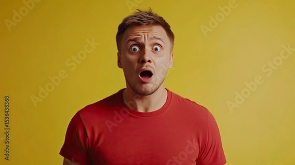 Obraz Surprised man in red t-shirt looking intensely shocked