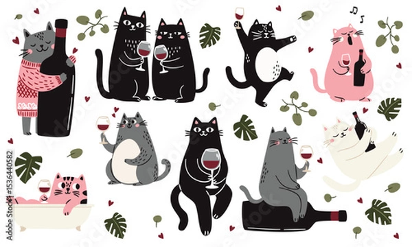 Obraz Cute Scandinavian style cats with a glass and a bottle of wine, singing and taking a bath monstera leaves and green plants. Flat vector illustrations on white background . Vector illustration