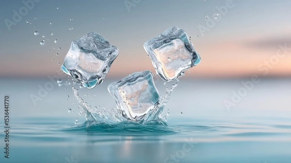 Obraz Three ice cubes are floating in a body of water. The water is blue and the sky is pink