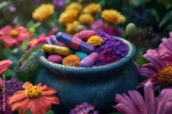 Fototapeta Pills, powder, and flowers are arranged in a dark stone pot. Can be used for wellness, alternative medicine, or natural supplement ads.
