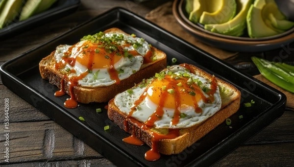 Fototapeta Two toasted slices of bread topped with fried eggs and sriracha sauce, garnished with green onions.  Avocado slices visible in the background