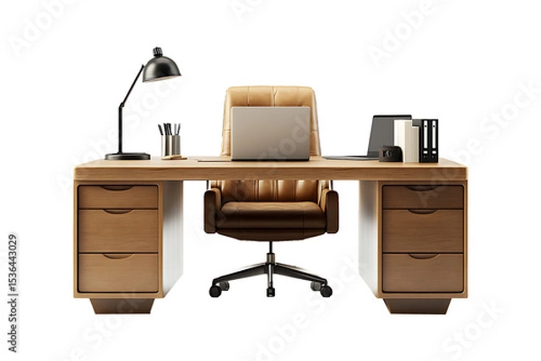 Fototapeta office desk with laptop chair and lamp isolated on transparent background